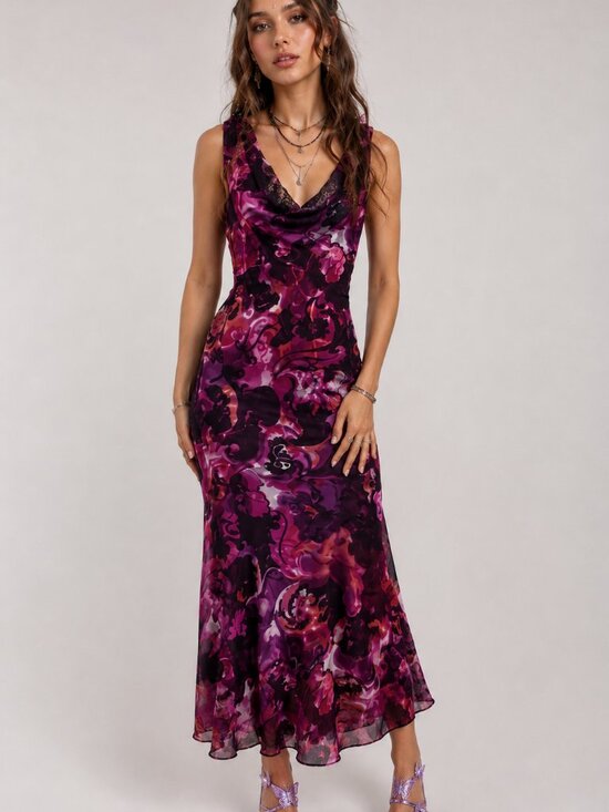 Minosa Dresses & Skirts - Vintage Y2K Silk Maxi Dress Fairy Size 10 Floral Whimsical Cowl Neck 90s Ruffle